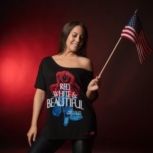 WOMEN’S RED, WHITE & BEAUTIFUL SLOUCHY T-SHIRT – BLACK