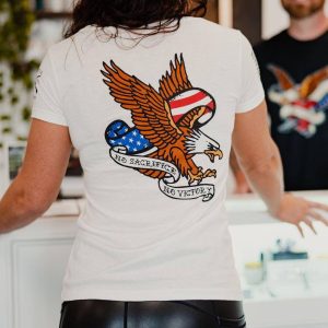 WOMEN’S NO SACRIFICE NO VICTORY V-NECK – WHITE